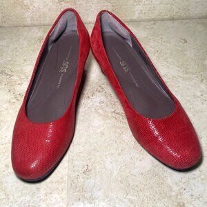 SAS Womens Red Leather Wedge Low‎ Heel Shoes Professional Career Office